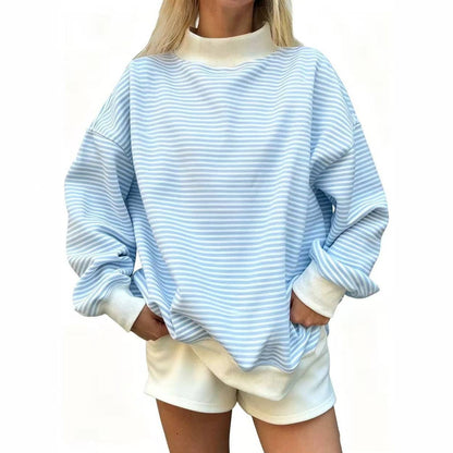 Oversized Striped Contrast Mock Neck Pullover Sweatshirt: Blue / M