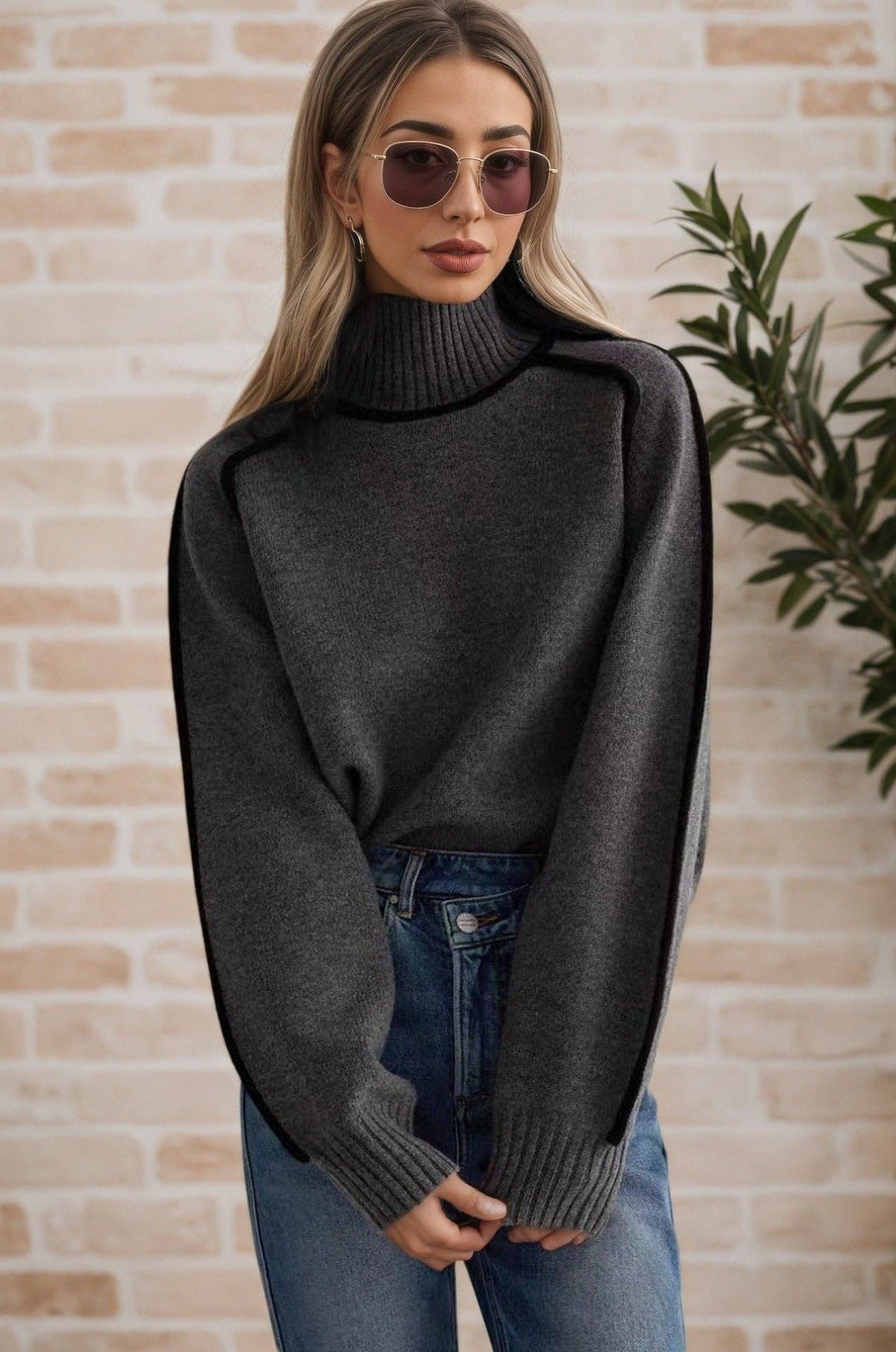 Contrast Piping Mock Neck Raglan Sleeve Pullover S: Coffee Brown / L