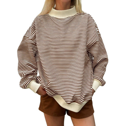 Oversized Striped Contrast Mock Neck Pullover Sweatshirt: Blue / M