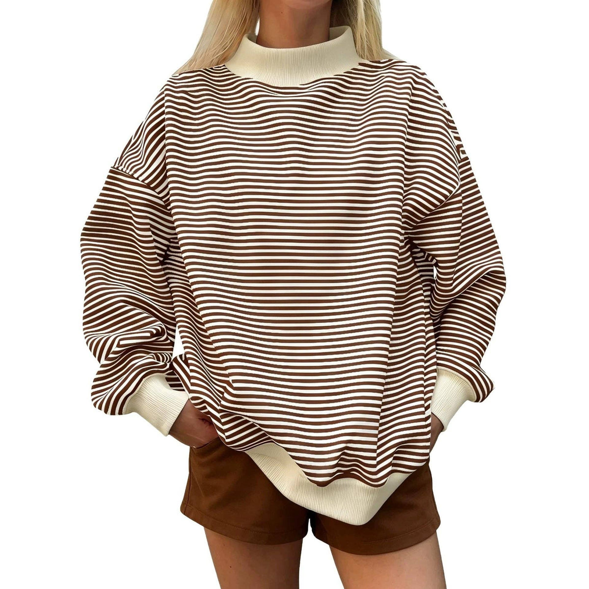 Oversized Striped Contrast Mock Neck Pullover Sweatshirt: Blue / L