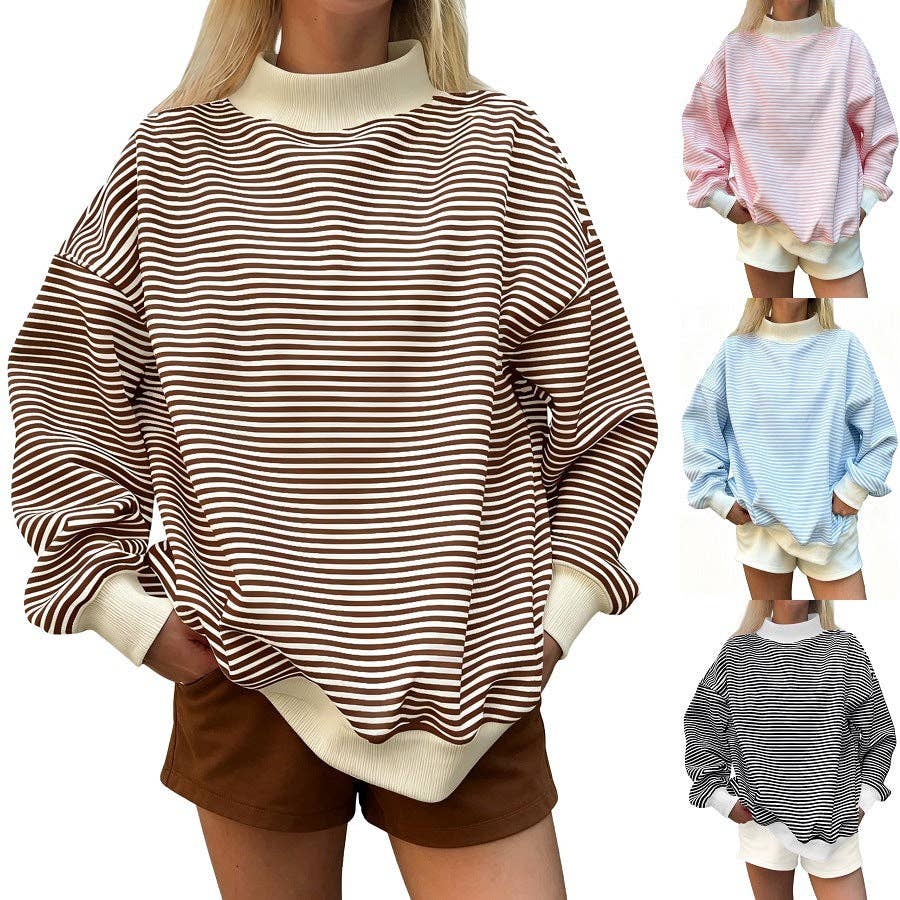 Oversized Striped Contrast Mock Neck Pullover Sweatshirt: Blue / M