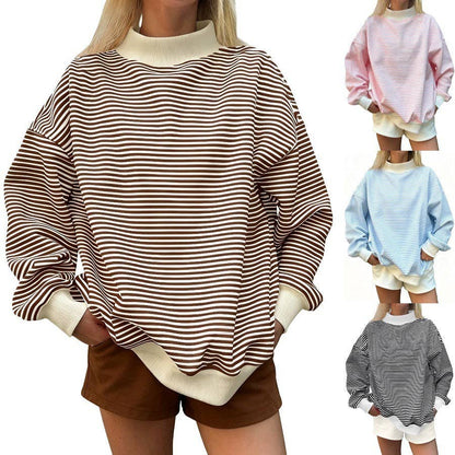 Oversized Striped Contrast Mock Neck Pullover Sweatshirt: Blue / L