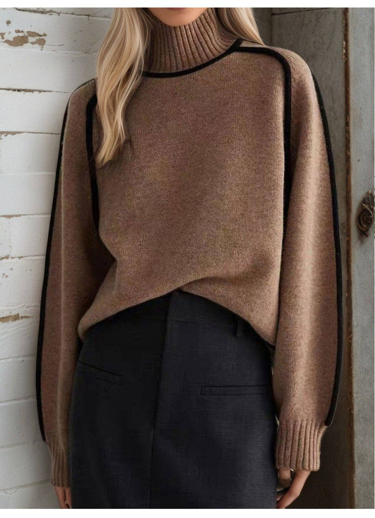 Contrast Piping Mock Neck Raglan Sleeve Pullover S: Coffee Brown / L