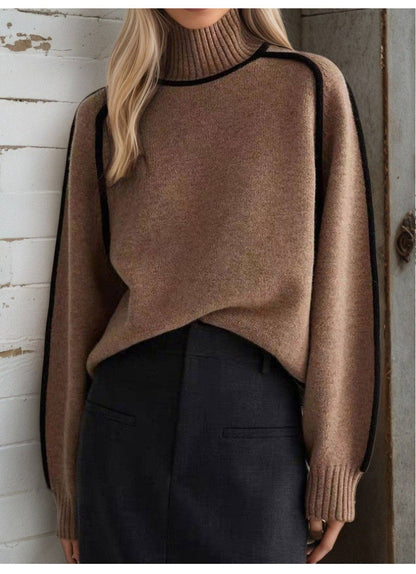 Contrast Piping Mock Neck Raglan Sleeve Pullover S: Coffee Brown / L