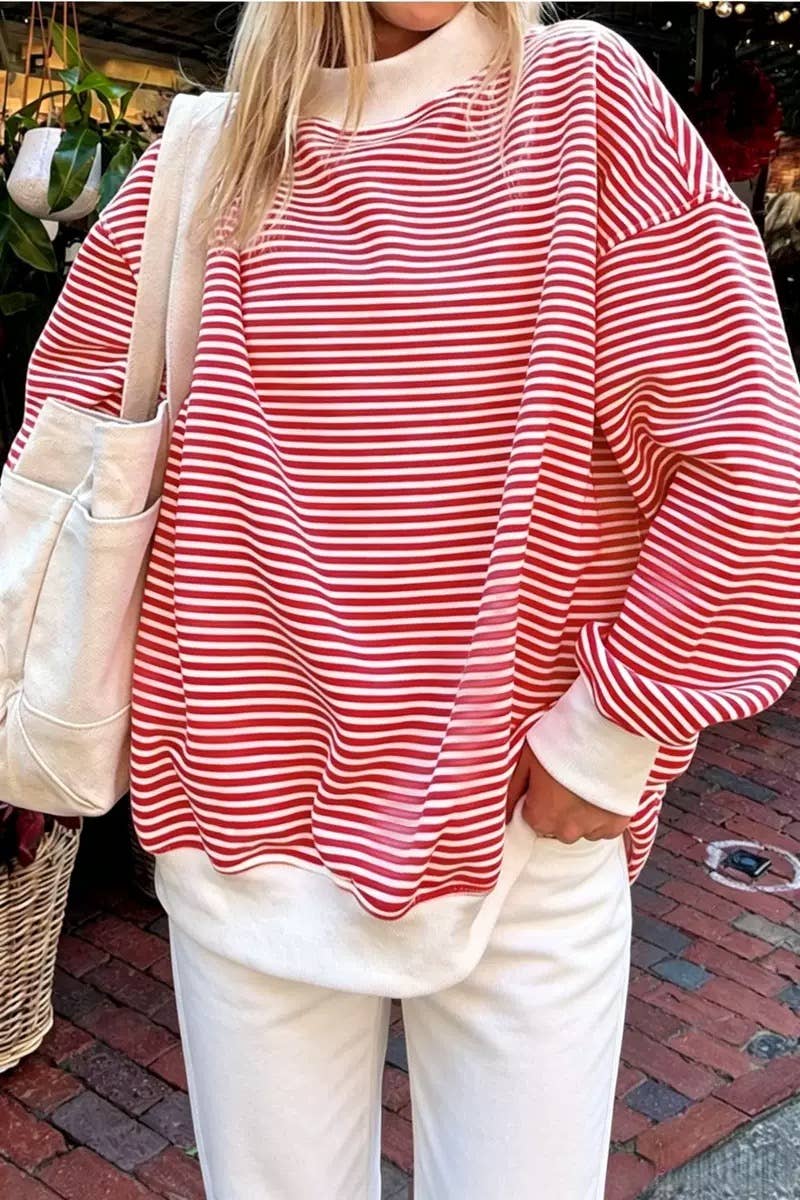 Oversized Striped Contrast Mock Neck Pullover Sweatshirt: Blue / M