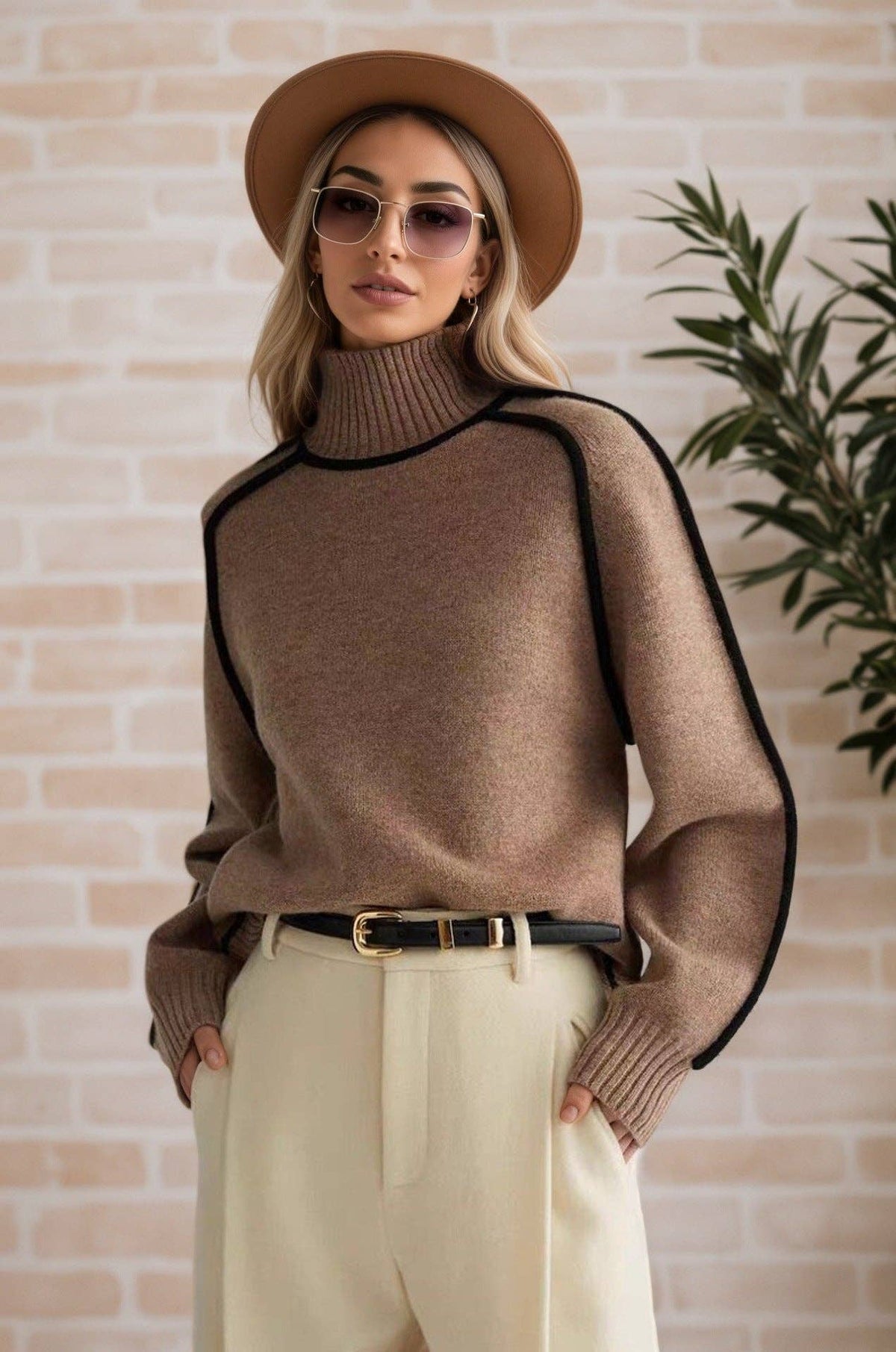 Contrast Piping Mock Neck Raglan Sleeve Pullover S: Coffee Brown / L