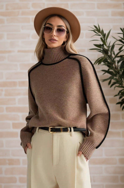 Contrast Piping Mock Neck Raglan Sleeve Pullover S: Coffee Brown / L