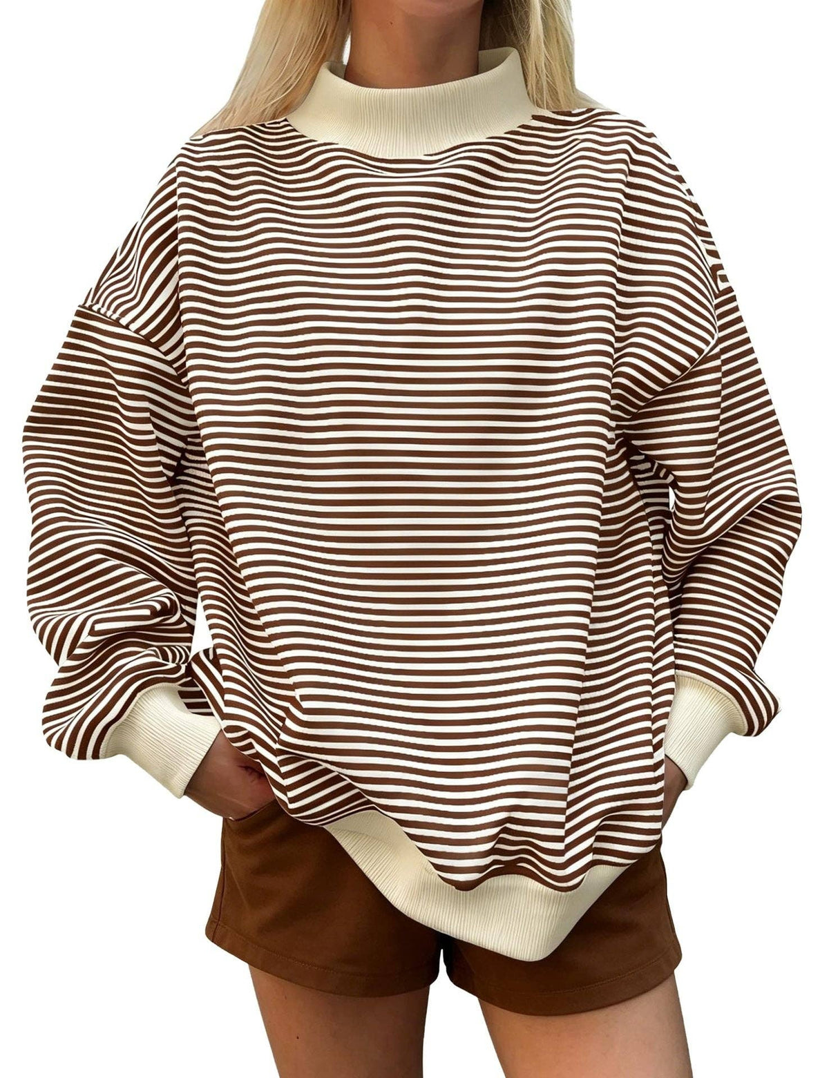 Oversized Striped Contrast Mock Neck Pullover Sweatshirt: Blue / M