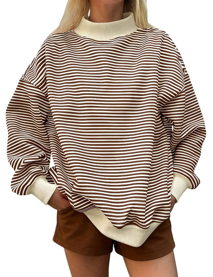 Oversized Striped Contrast Mock Neck Pullover Sweatshirt: Blue / M