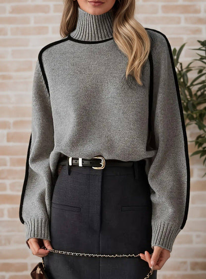 Contrast Piping Mock Neck Raglan Sleeve Pullover S: Coffee Brown / L
