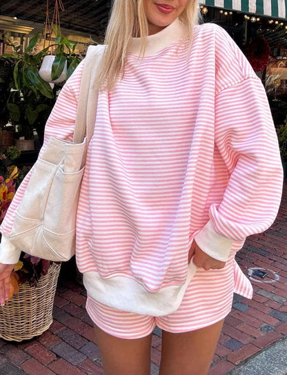 Oversized Striped Contrast Mock Neck Pullover Sweatshirt: Blue / L