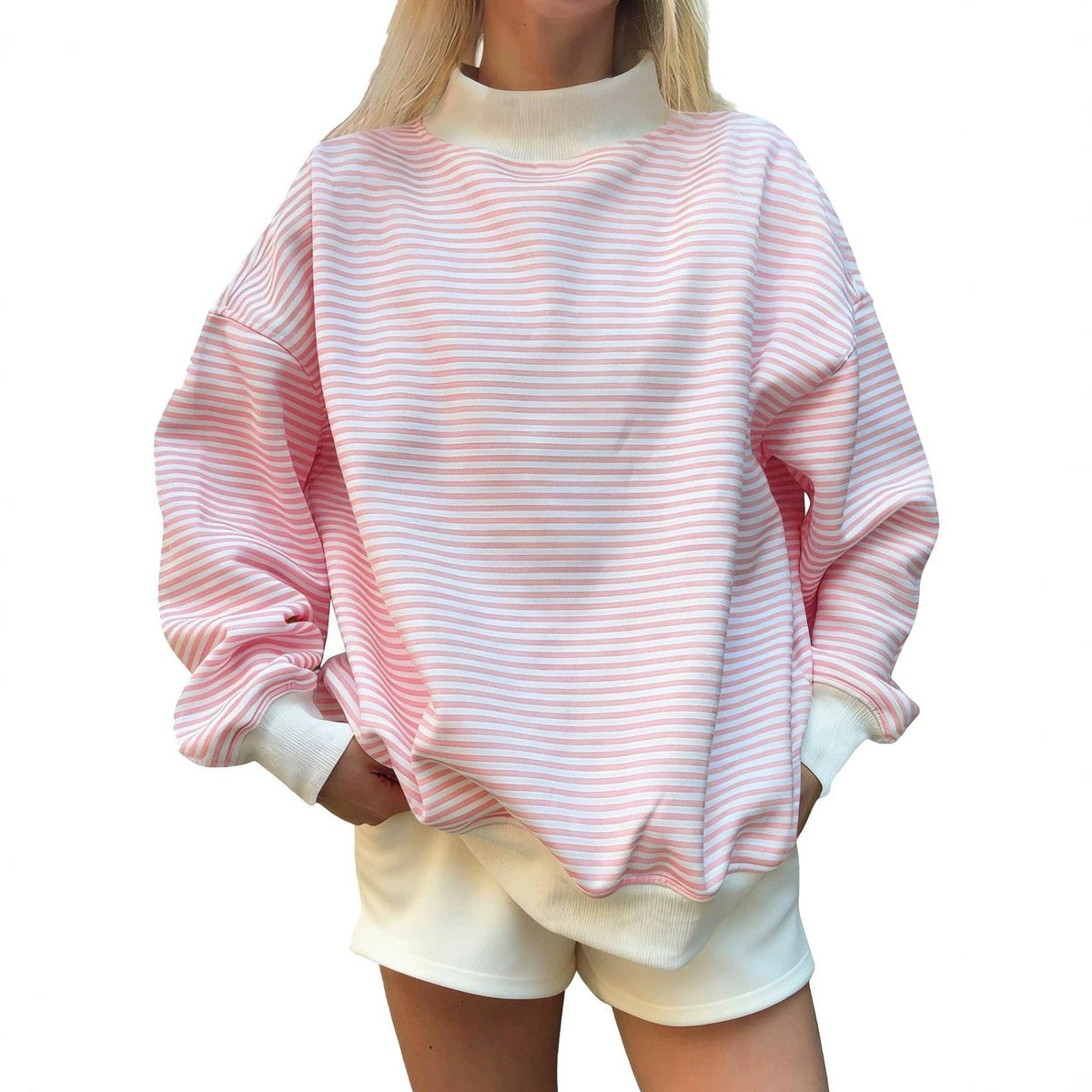 Oversized Striped Contrast Mock Neck Pullover Sweatshirt: Blue / M