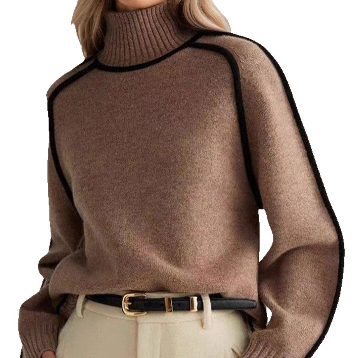Contrast Piping Mock Neck Raglan Sleeve Pullover S: Coffee Brown / L