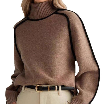 Contrast Piping Mock Neck Raglan Sleeve Pullover S: Coffee Brown / L