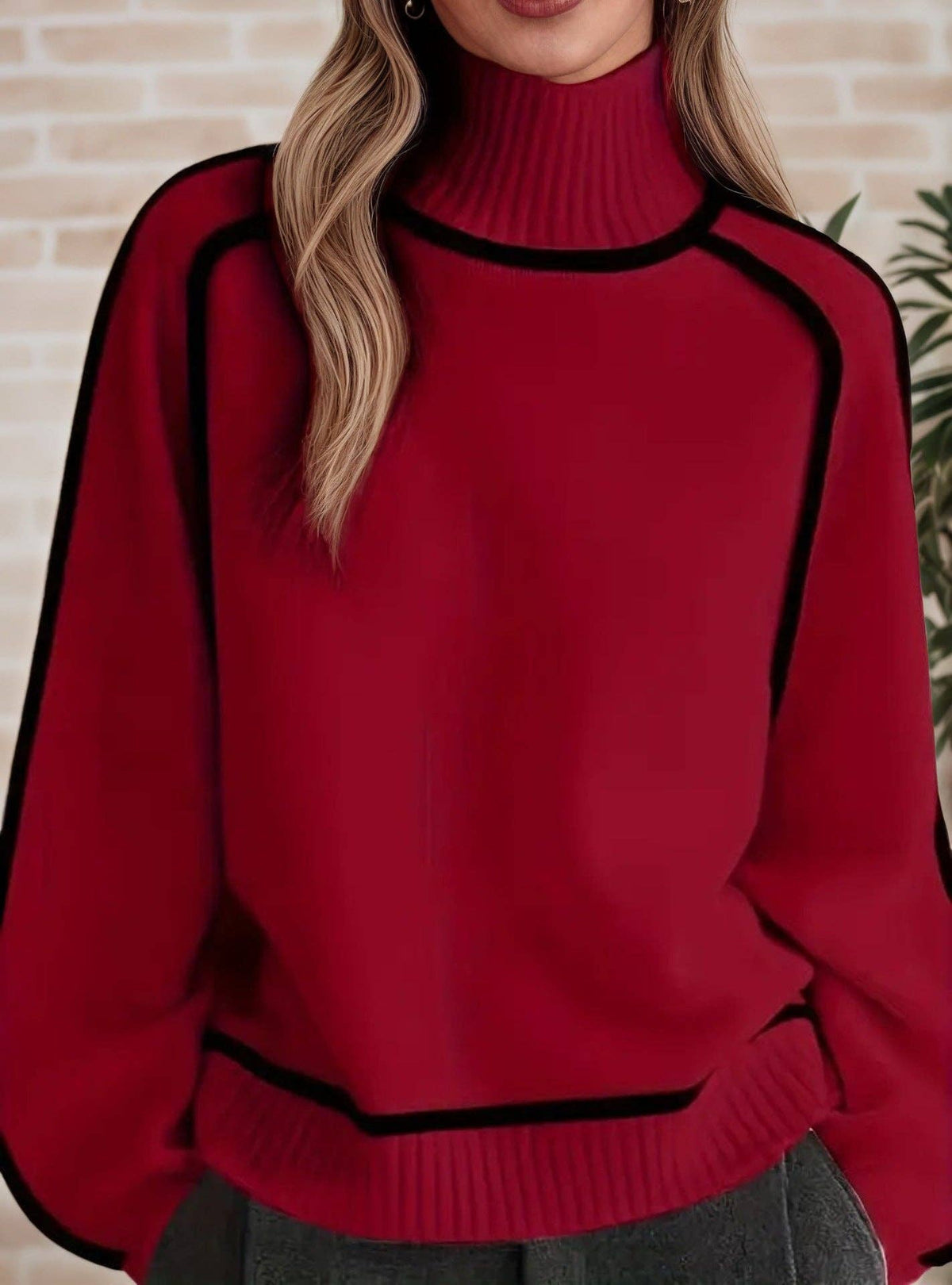 Contrast Piping Mock Neck Raglan Sleeve Pullover S: Coffee Brown / L