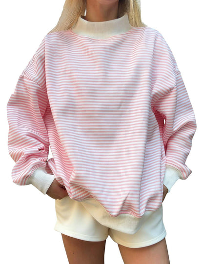 Oversized Striped Contrast Mock Neck Pullover Sweatshirt: Blue / M