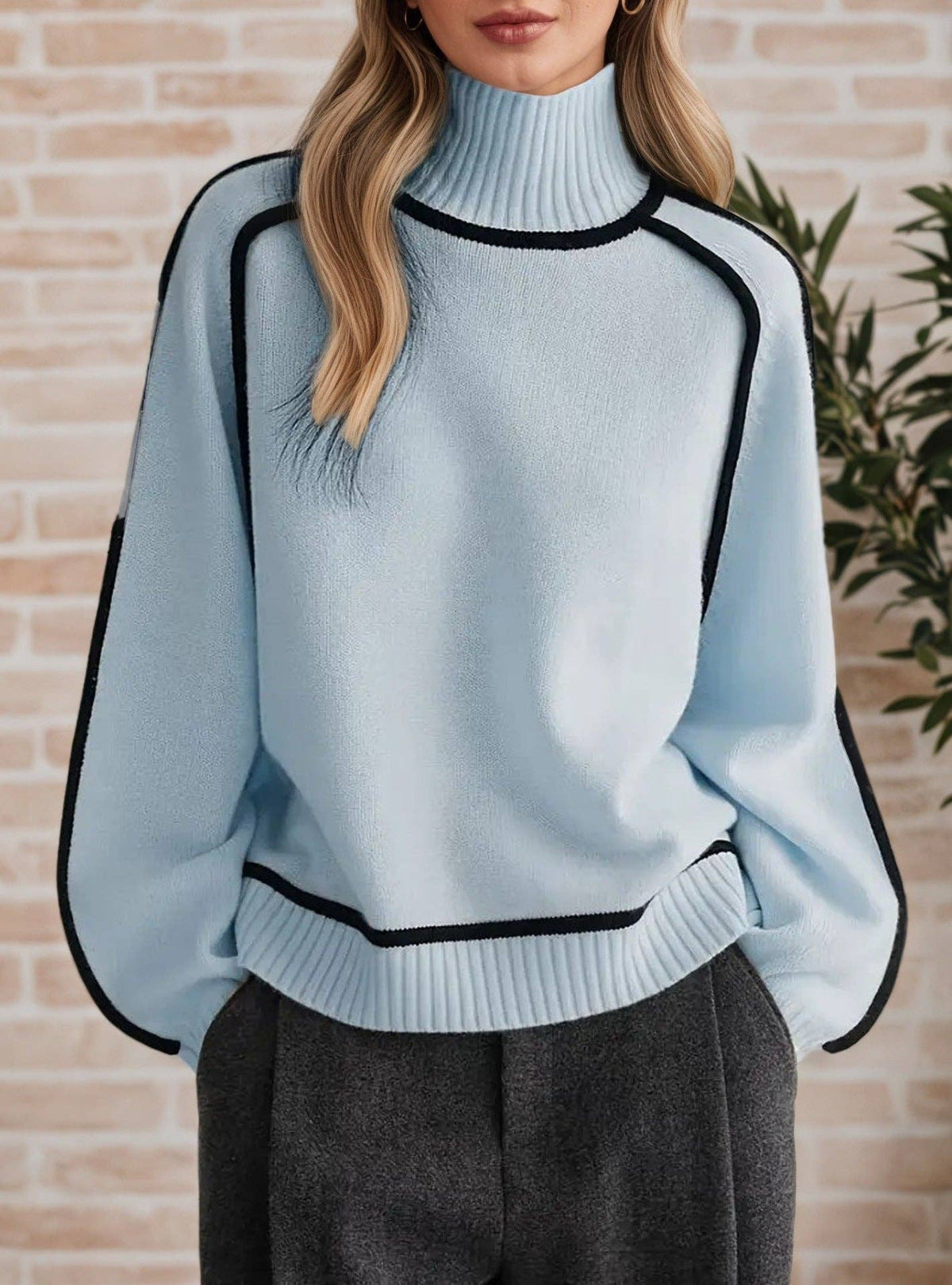 Contrast Piping Mock Neck Raglan Sleeve Pullover S: Coffee Brown / L