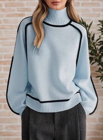 Contrast Piping Mock Neck Raglan Sleeve Pullover S: Coffee Brown / L