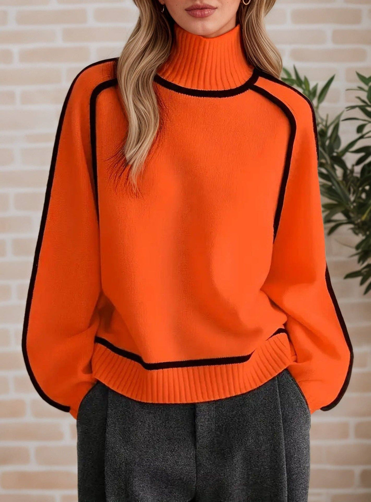 Contrast Piping Mock Neck Raglan Sleeve Pullover S: Coffee Brown / L