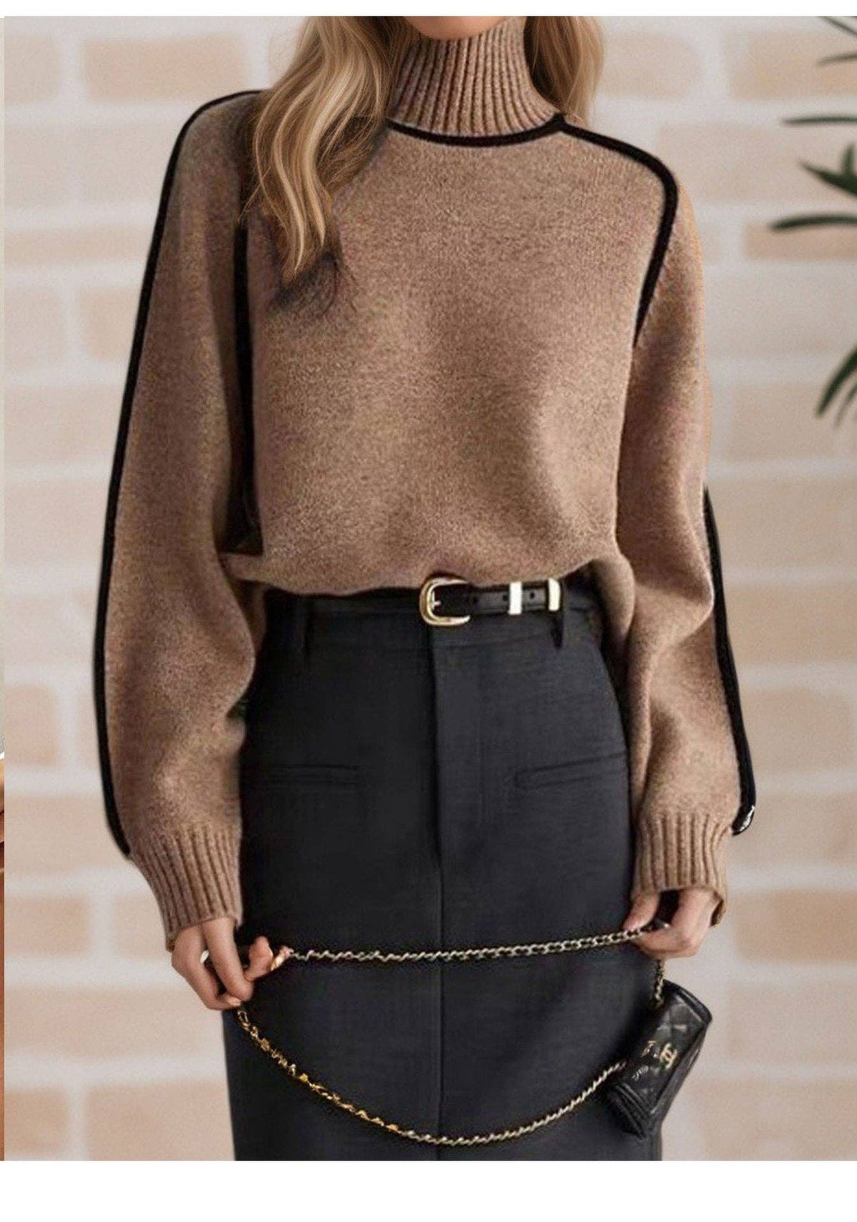 Contrast Piping Mock Neck Raglan Sleeve Pullover S: Coffee Brown / L