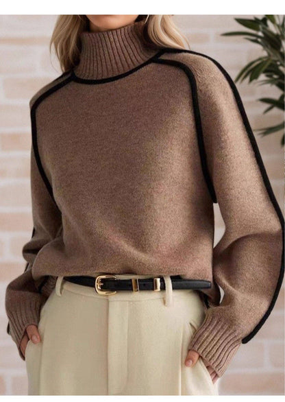 Contrast Piping Mock Neck Raglan Sleeve Pullover S: Coffee Brown / L