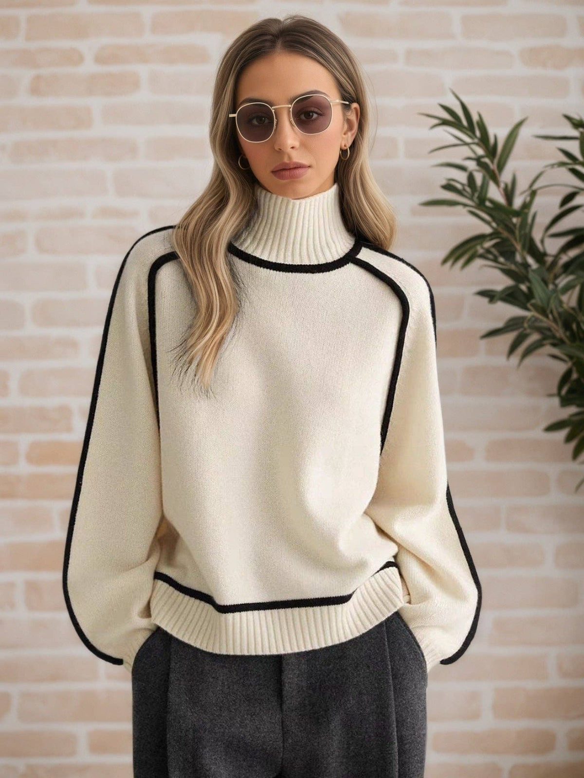 Contrast Piping Mock Neck Raglan Sleeve Pullover S: Coffee Brown / L