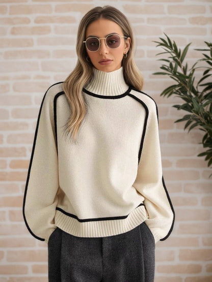 Contrast Piping Mock Neck Raglan Sleeve Pullover S: Coffee Brown / L