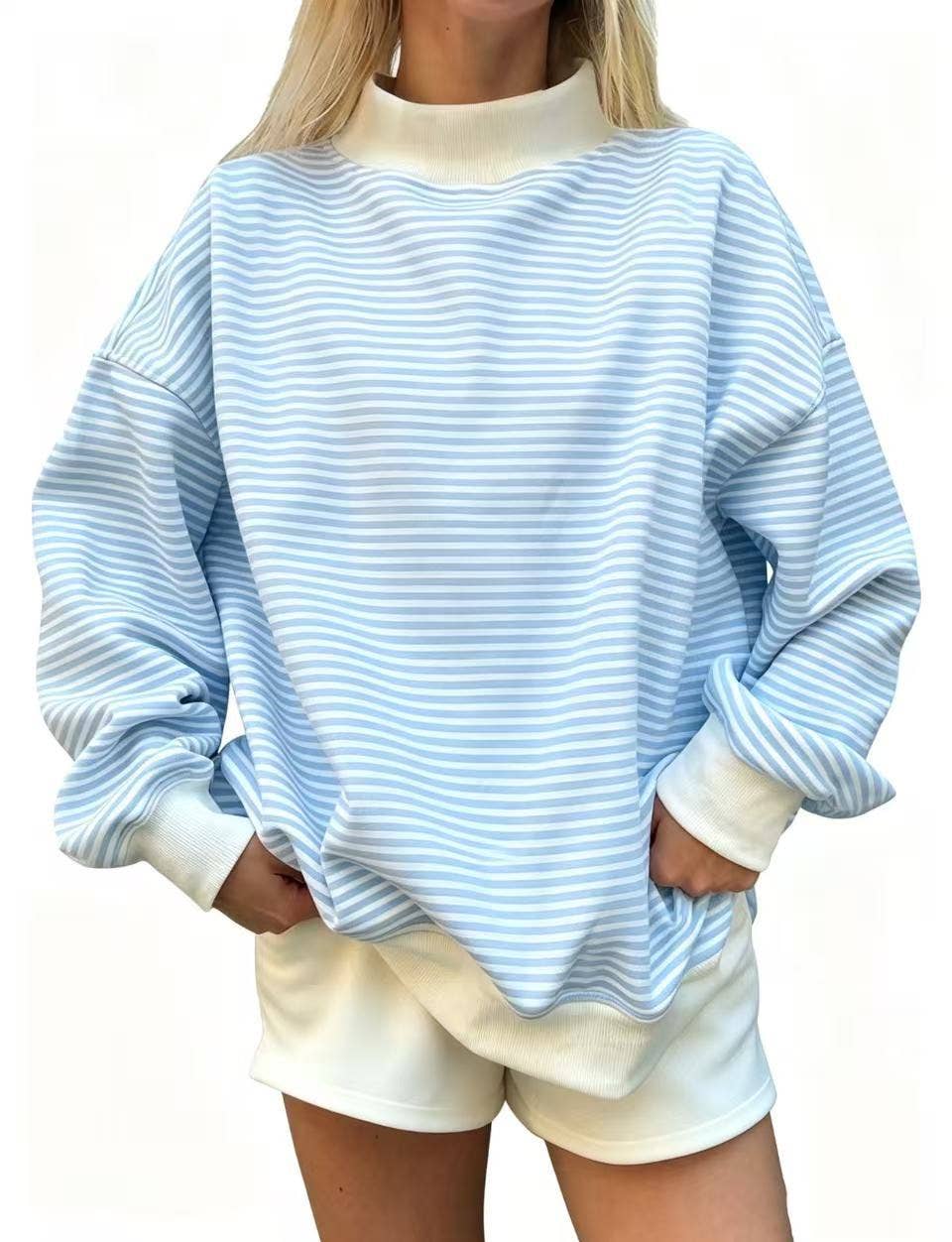 Oversized Striped Contrast Mock Neck Pullover Sweatshirt: Blue / L