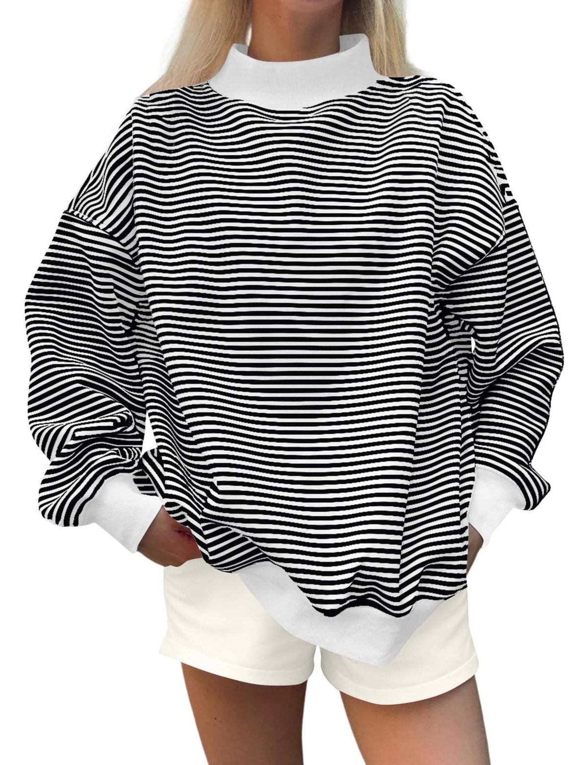 Oversized Striped Contrast Mock Neck Pullover Sweatshirt: Blue / M