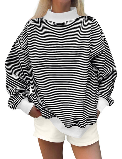 Oversized Striped Contrast Mock Neck Pullover Sweatshirt: Blue / L