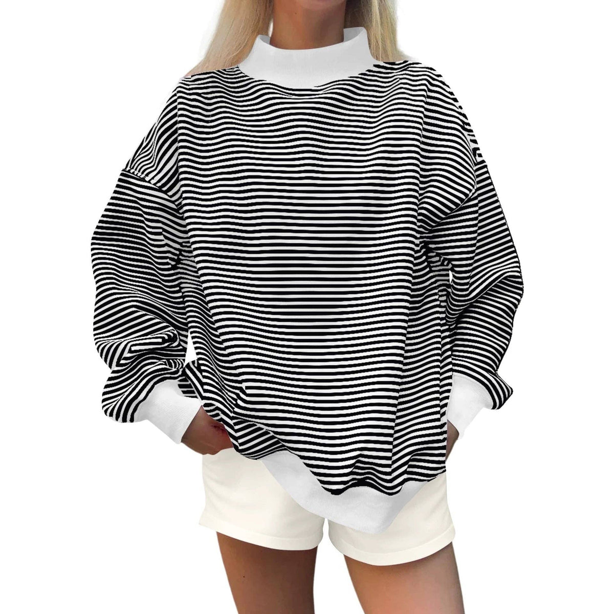 Oversized Striped Contrast Mock Neck Pullover Sweatshirt: Blue / M