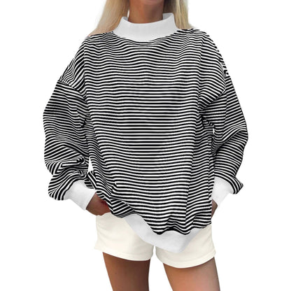 Oversized Striped Contrast Mock Neck Pullover Sweatshirt: Blue / M